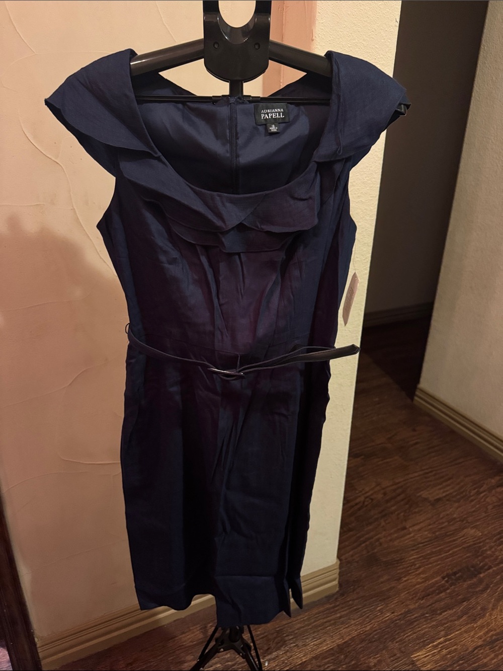 Adrianna Papell Navy Ruffled Collar Sheath Dress